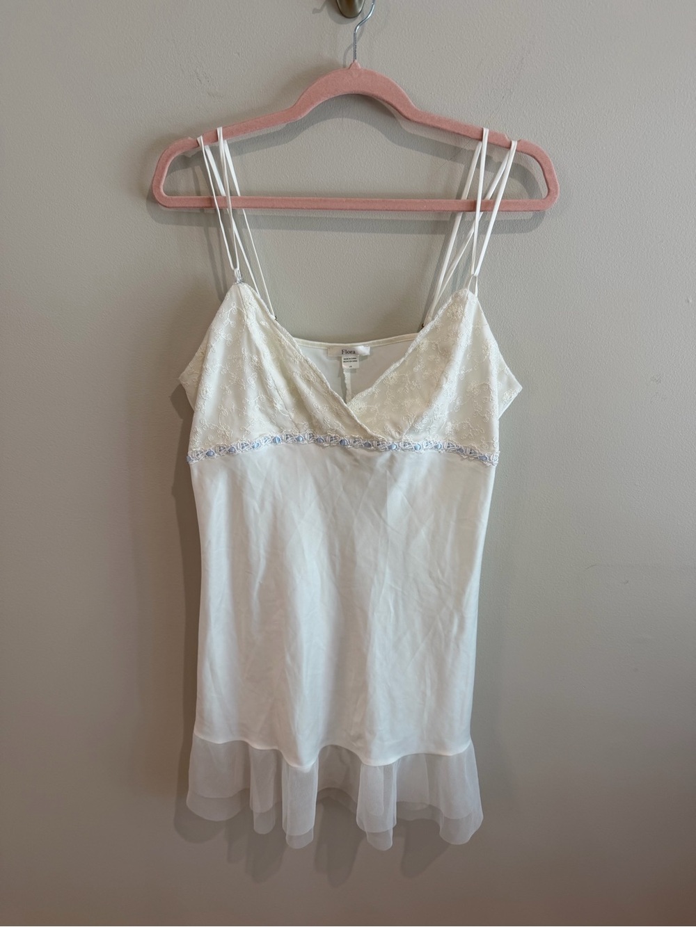 Flora Lace-Trim White Slip Nightdress with Sheer Hem